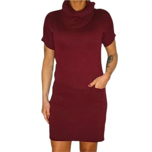 Athleta ZUNI Cowl Neck Dark Gray Sweater Knit Pocketed Short Sleeve Dress M - Picture 13 of 15